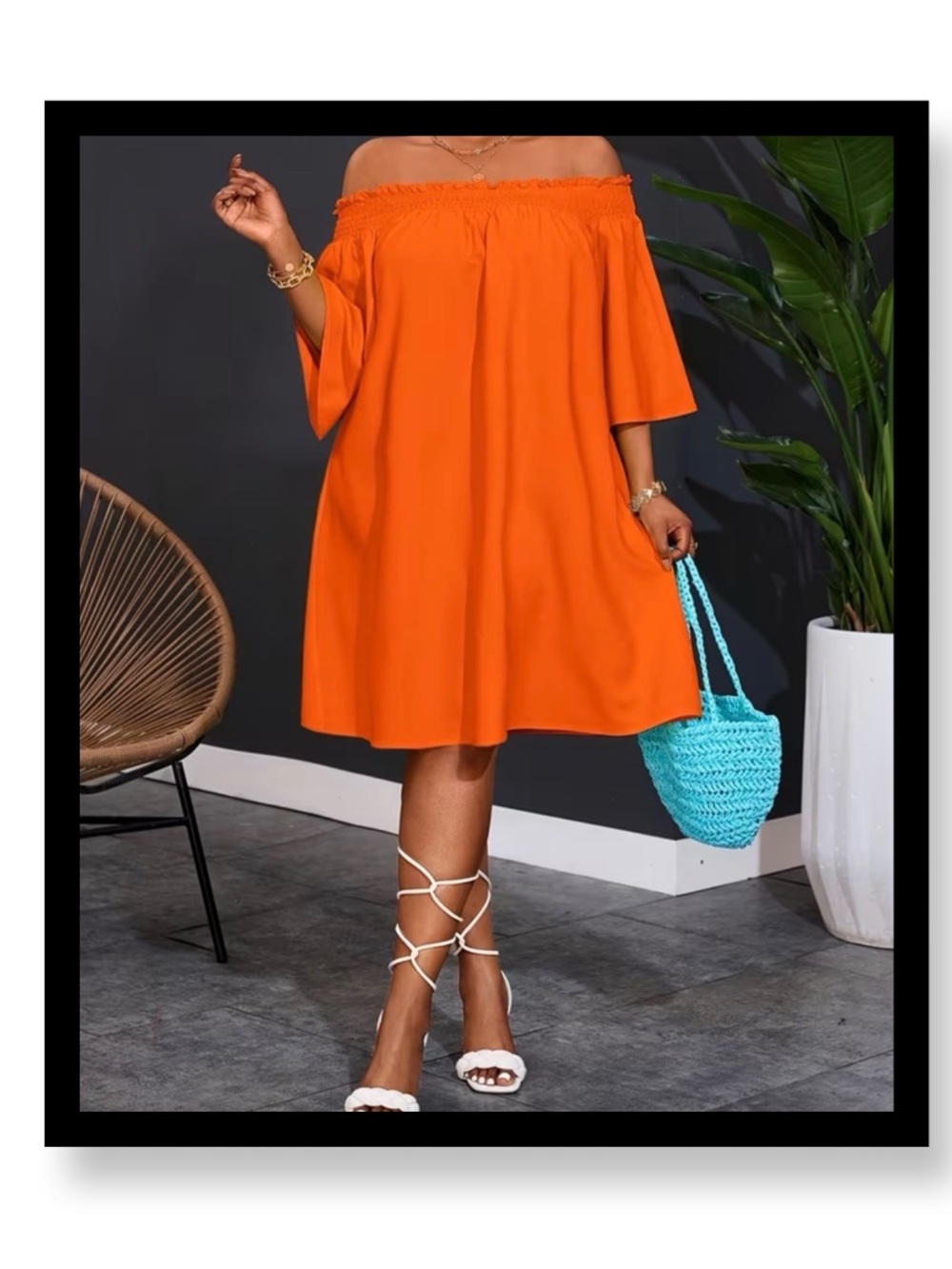 🆕 Women’s Plus Size Off-Shoulder Orange Swing Dress